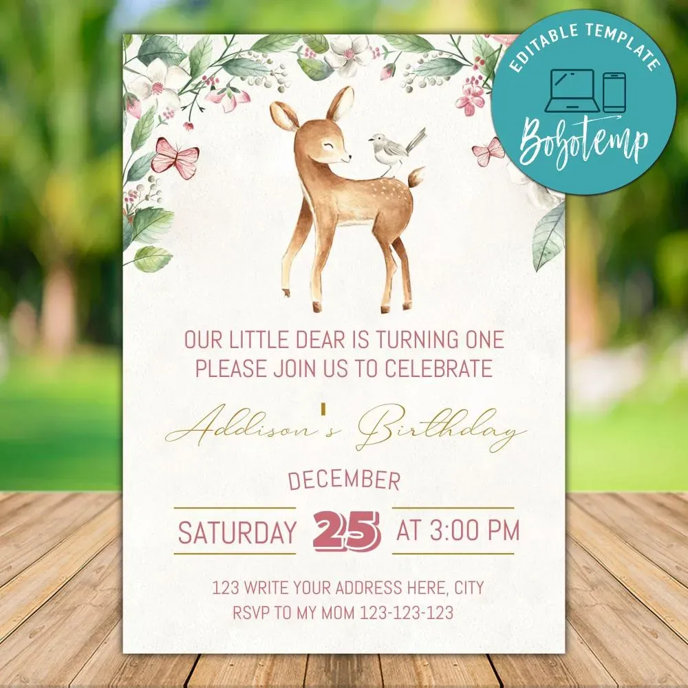 Editable Deer Fawn Woodland Birthday Flyer Instant Download | Bobotemp