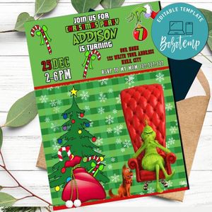 Grinch Christmas Birthday Party Template Invitation to print at home Instant Download