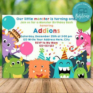 Editable Silly Monster Bash Birthday Invitations Instant Download