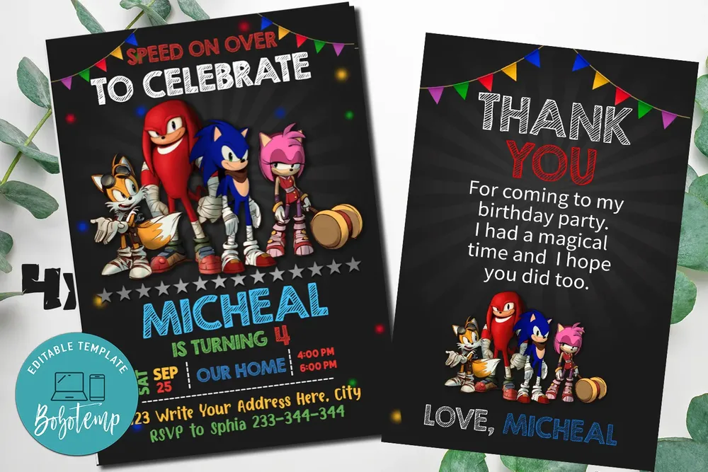 Sonic Party Birthday Invitation Editable Template Bobotemp