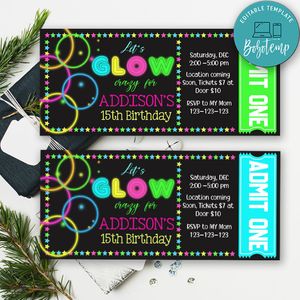 Girl Glow Neon Party Ticket Invitation Template to print at home Instant Download