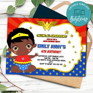 African American Wonder Baby Woman Invitation Template to Print at Home Instant Download