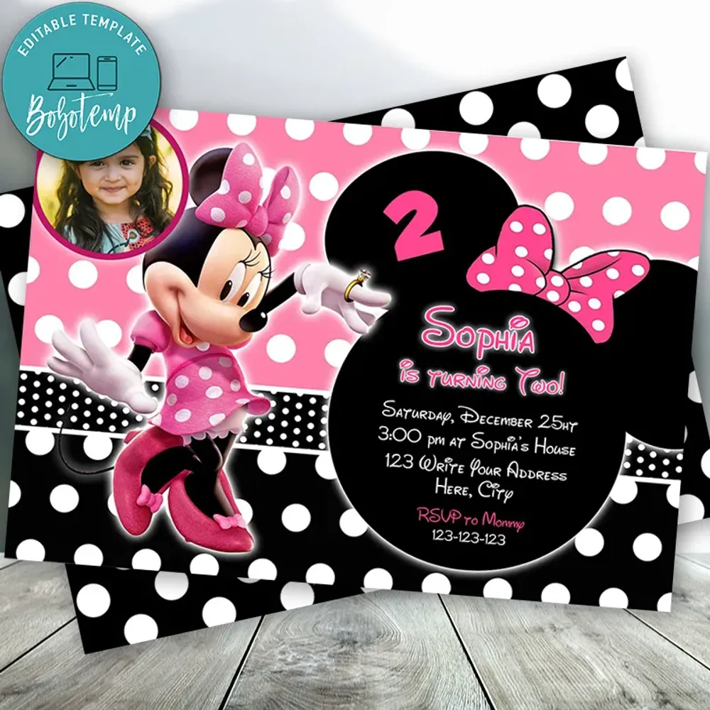 Editable Pink and Black Minnie Mouse Invitations With Photo DIY | Bobotemp