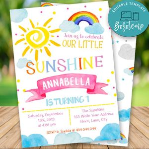 Sunshine Rainbow Girls Party Invitation | Summer Sun Shine 1st Birthday