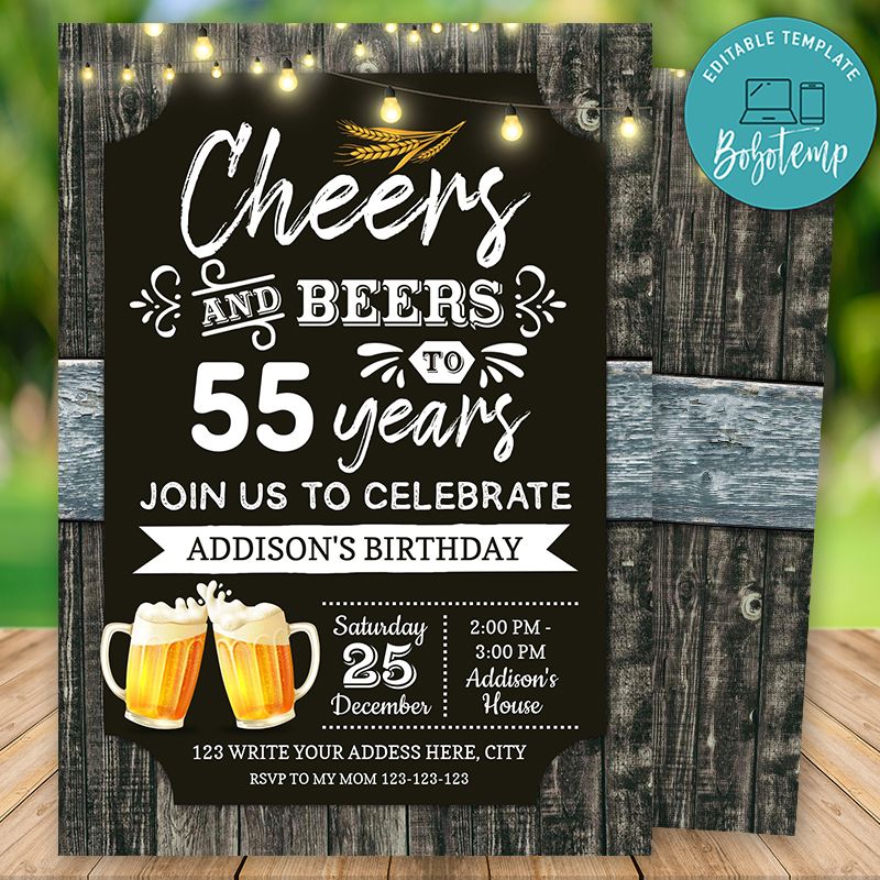 Printable 55th Cheers And Beers Birthday Party Invitation DIY 