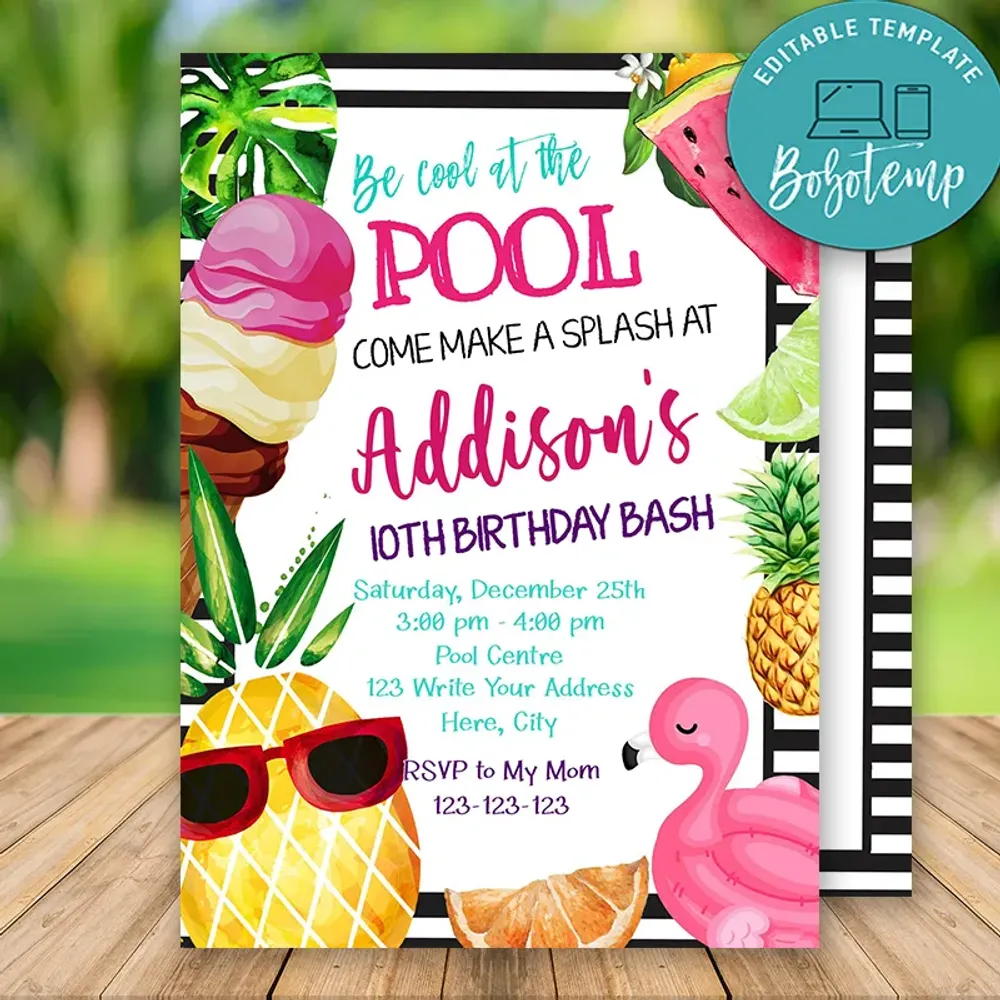 Editable Tropical Pool Party Birthday Invitation Instant Download