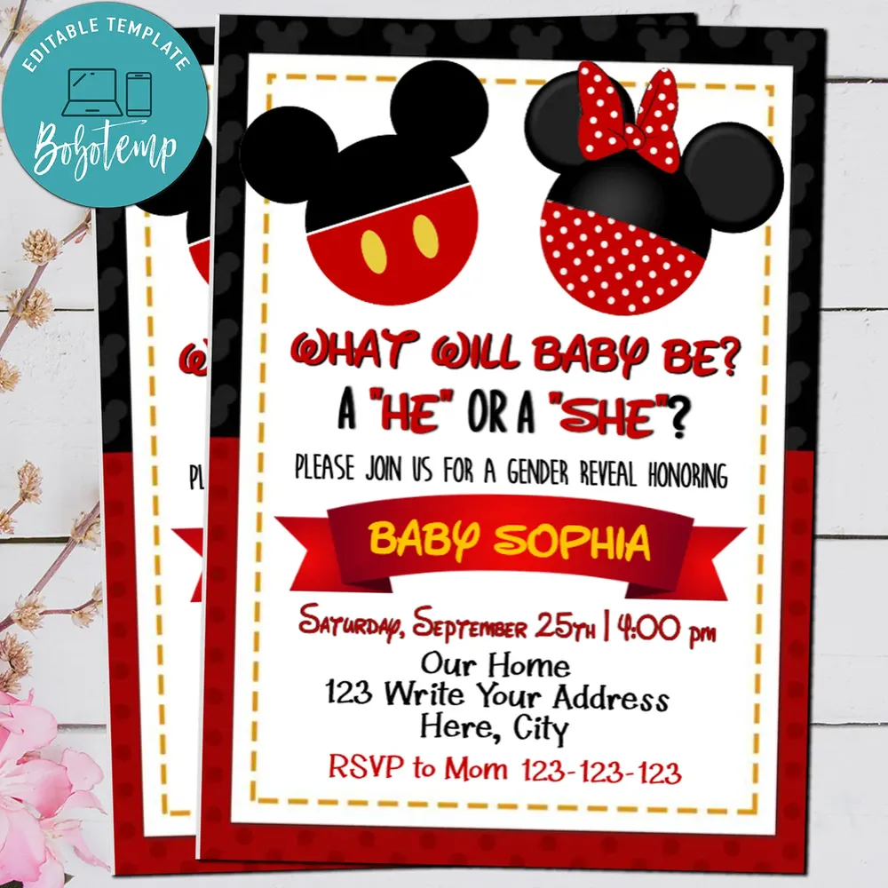 Editable Mickey And Minnie Mouse Baby Gender Reveal Party Invite