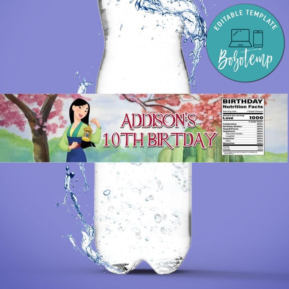Mulan Water Bottle Label Template to Print at Home Instant Download