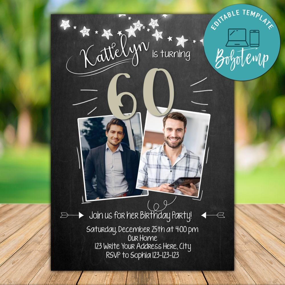Printable Adult Mens 60th Birthday Photo Invitation DIY, image size:1000x1000
