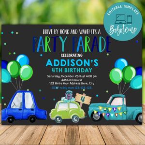 Printable Drive By Birthday Parade Invitation and Free Thank You Tag Instant Download