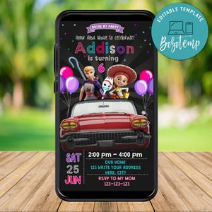 Mobile Girl Toy Story Drive By Birthday Parade Electronic Invite Invitation Template Instant Download