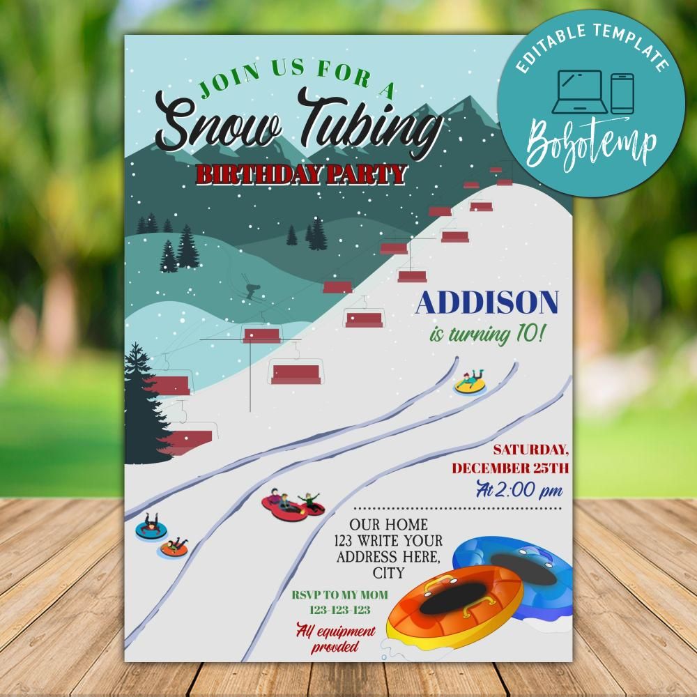 Printable Snow Tubing Birthday Invitation Instant Download | Bobotemp