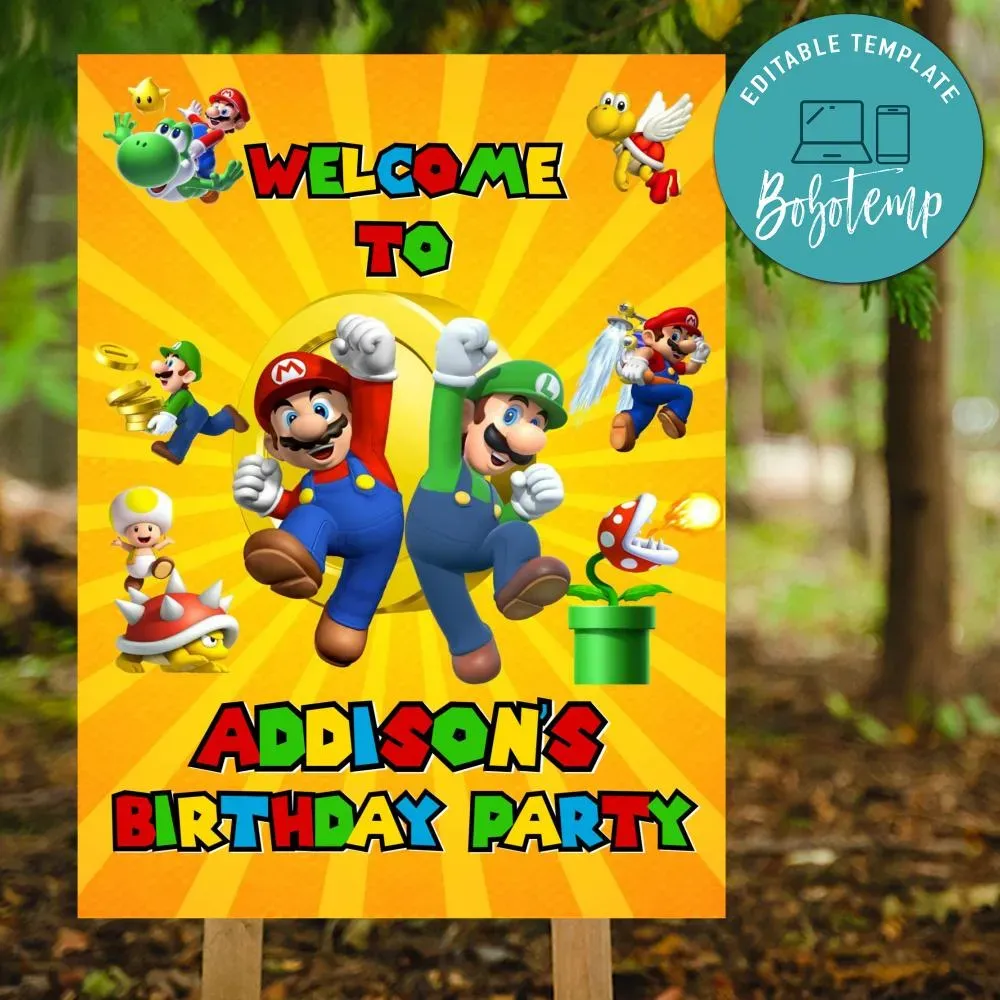Super mario bros Birthday Welcome Sign Digital File Printable DIY ...