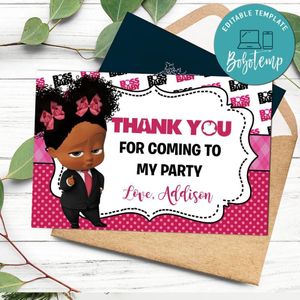 Girl Black Baby Boss Thank you card Template to Print at Home Instant Download