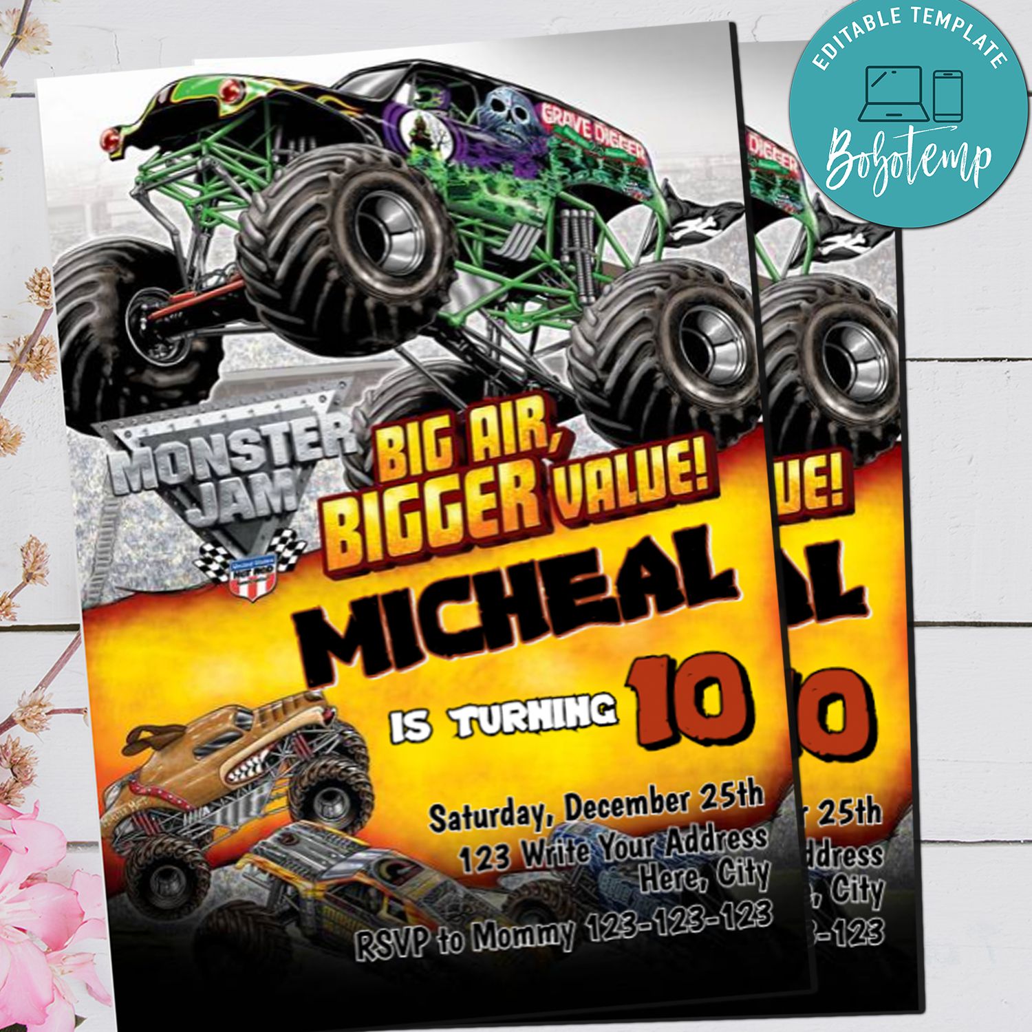 Editable Monster Jam - Monster Truck Birthday Invitation DIY | Bobotemp