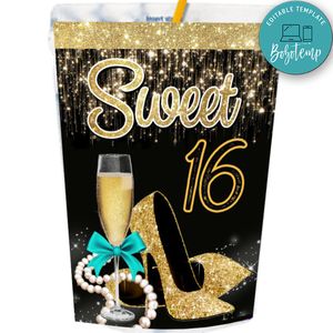 Sweet 16 Gold Glitter Capri Sun Label Printable Instant Download