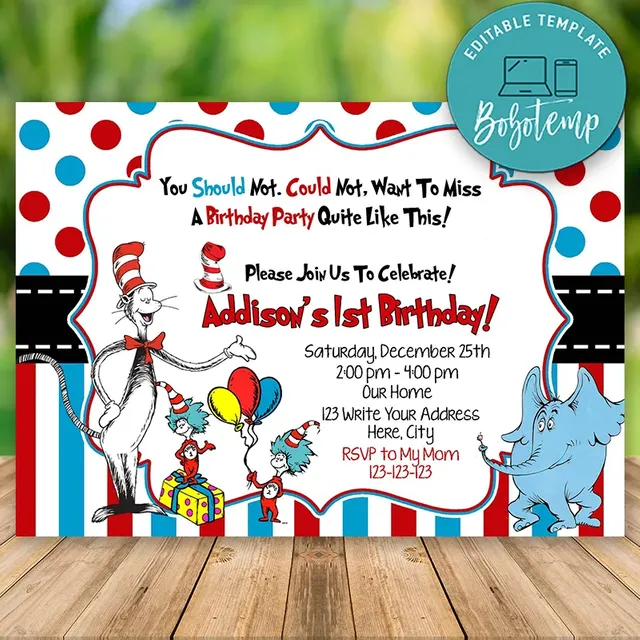 Editable Cat In The Hat Birthday Flyer Instant Download | Bobotemp