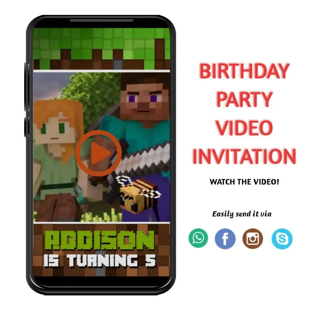 Digital Minecraft Customizable Mp4 Video Invitation Bobotemp