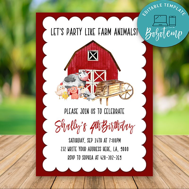 Editable Farm Animals Party Invites Instant Download | Bobotemp