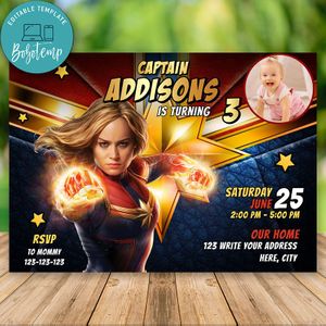 Editable Captain Marvel Birthday Invitation With Photo Instant Download