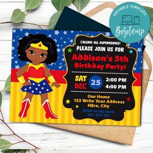 African american girl superheroes Birthday Flyer Template to Print at Home Instant Download