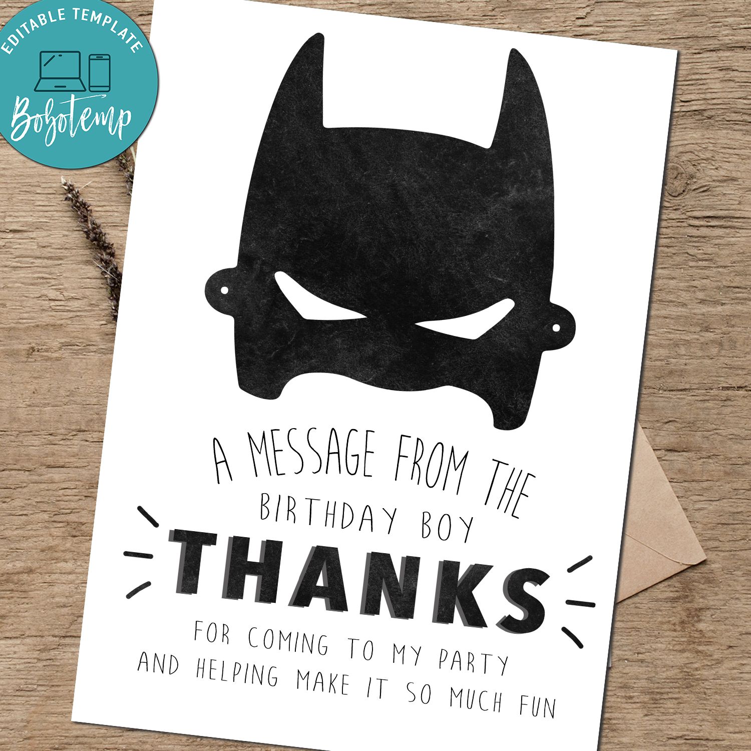 Editable Batman Birthday Thank You Card Instant Download | Bobotemp