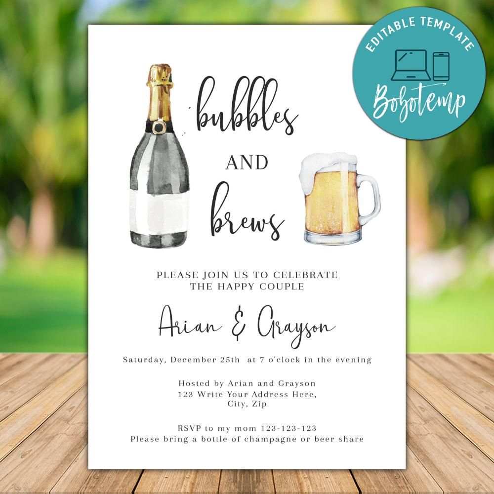 Printable Bubbles and Brews Couples Shower Invitation DIY
