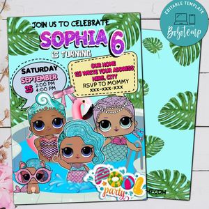 Editable Lol doll Pool Swimming Birthday Party Invitation and Free Thank You Tag Instant Download