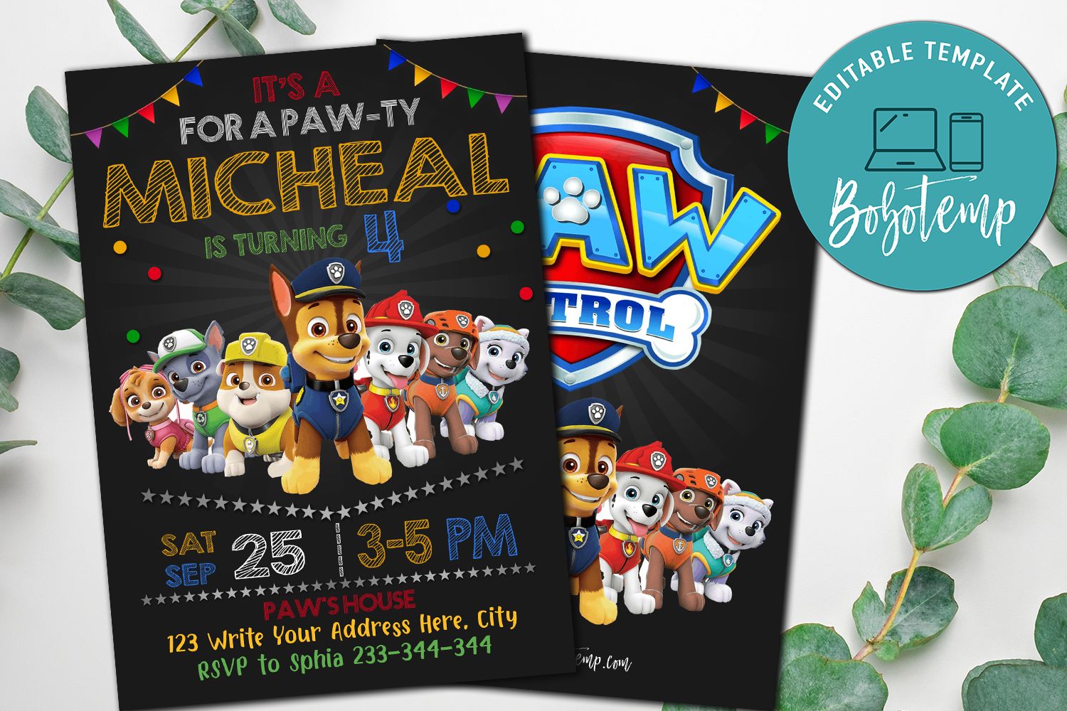 Invitación de la fiesta de la patrulla de la pata y tarjeta de