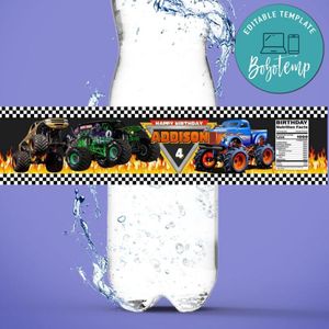 Monster truck Water Bottle Label Template to Print at Home Instant Download