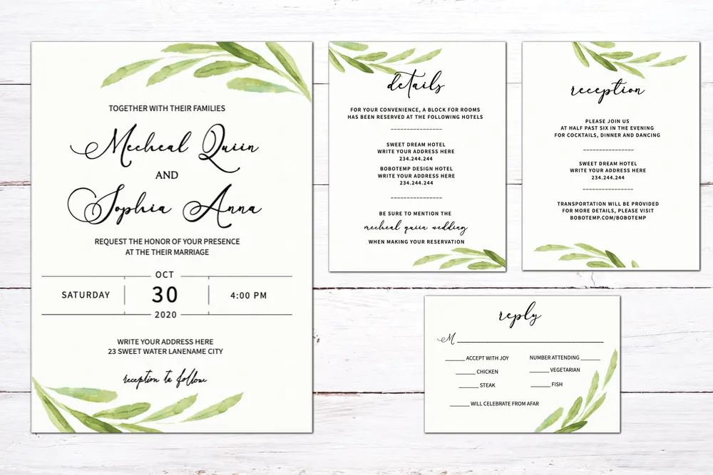 Simple Leaves Wedding Invitation Template Suite