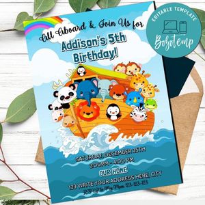 Noah's Ark Animal Birthday Invitation Template to print at home Instant Download