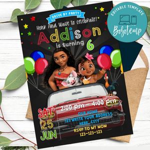 Moana Princess Drive By Birthday Parade Invitation Printable Instant Download