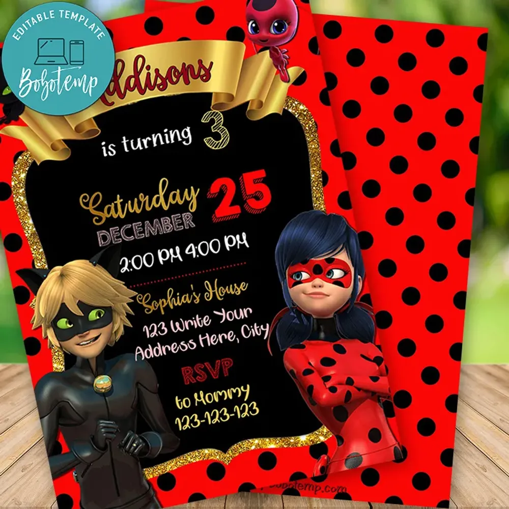 Editable Miraculous Ladybug Birthday Flyer Instant Download | Bobotemp
