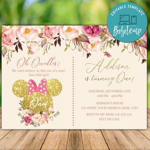 Printable Minnie Mouse Pink Gold Glitter First Birthday Invitation Instant Download