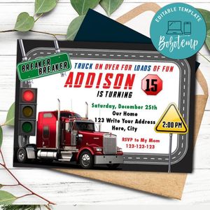 Semi truck Invitation Printable Instant Download