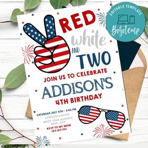 Red White And Two Memorial Day Birthday Party Invitation Printable Instant Download