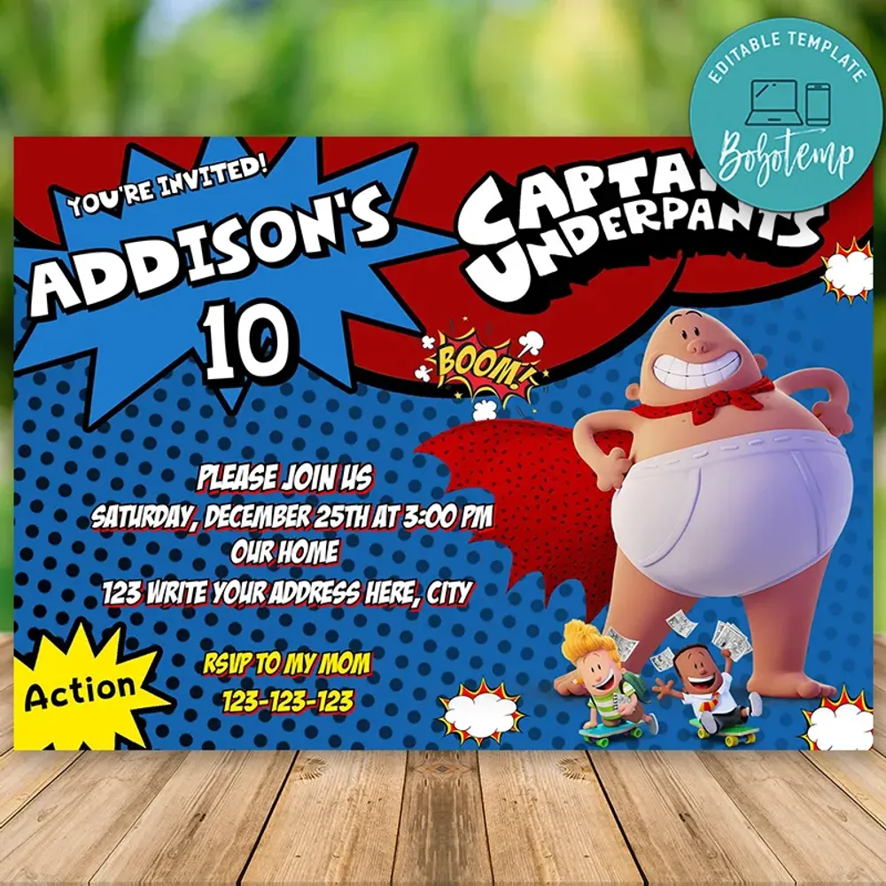 Editable Captain Underpants Birthday Invitation Instant Download | Bobotemp