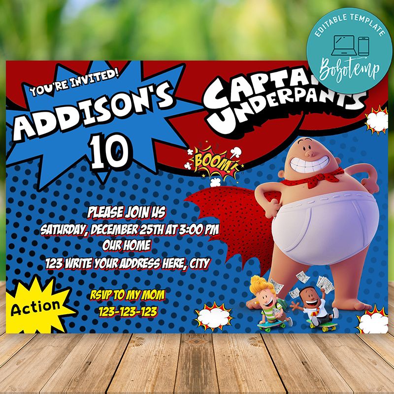 Editable Captain Underpants Birthday Invitation Instant Download | Bobotemp