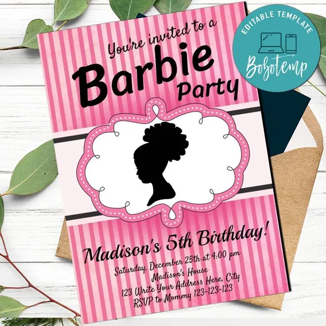 Barbie with puff invitation Customizable Template Instant Downloa