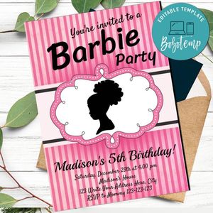 Barbie with puff invitation Customizable Template Instant Download