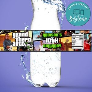 GTA Water Bottle Label Template to Print at Home Instant Download