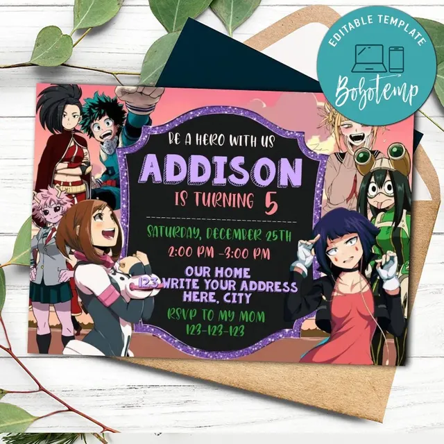 My hero academia girl Invitation Template to Print at Home | Bobotemp