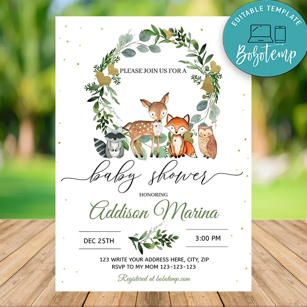 Editable Woodland Animals Baby Shower Invitation Instant Woodland Animals Baby Shower Invitation