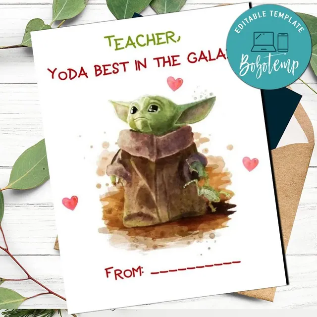Teacher yoda best in the galaxy Card Template to print at home | Bobotemp