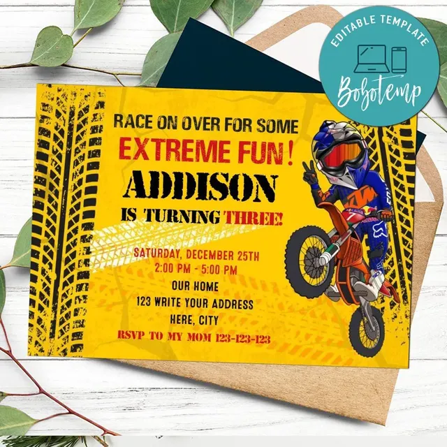 Motocross Invitation Customizable Template Instant Download | Bobotemp for Free Printable Dirt Bike Birthday Invitations