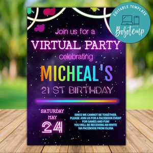 Printable Glow Virtual Party Invitation Template Instant Download