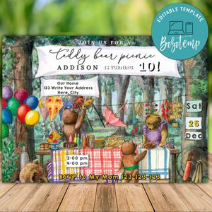 Printable Boy Teddy Bear Picnic Birthday Flyer Instant Download