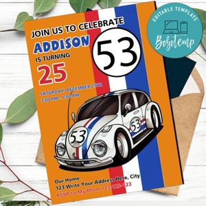 Herbie love bug Invitation Template to print at home Instant Download
