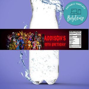 Five Nights at Freddy Water Bottle Label Template to Print at Home Instant Download